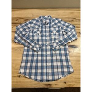 Wrangler Rock 47 Pearl Snap Shirt Mens Size XL White Blue Embroidered Western